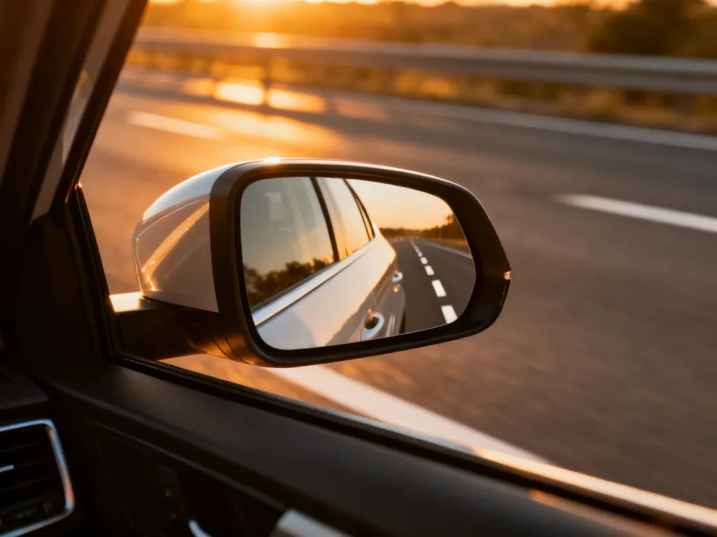Widok w bocznym lusterku nowoczesnego samochodu podczas jazdy autostradą w świetle zachodzącego słońca.