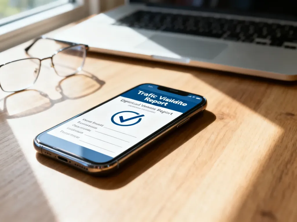Smartfon z wyświetlonym raportem punktów karnych leżący na biurku, symbolizujący szybkie sprawdzenie danych online.