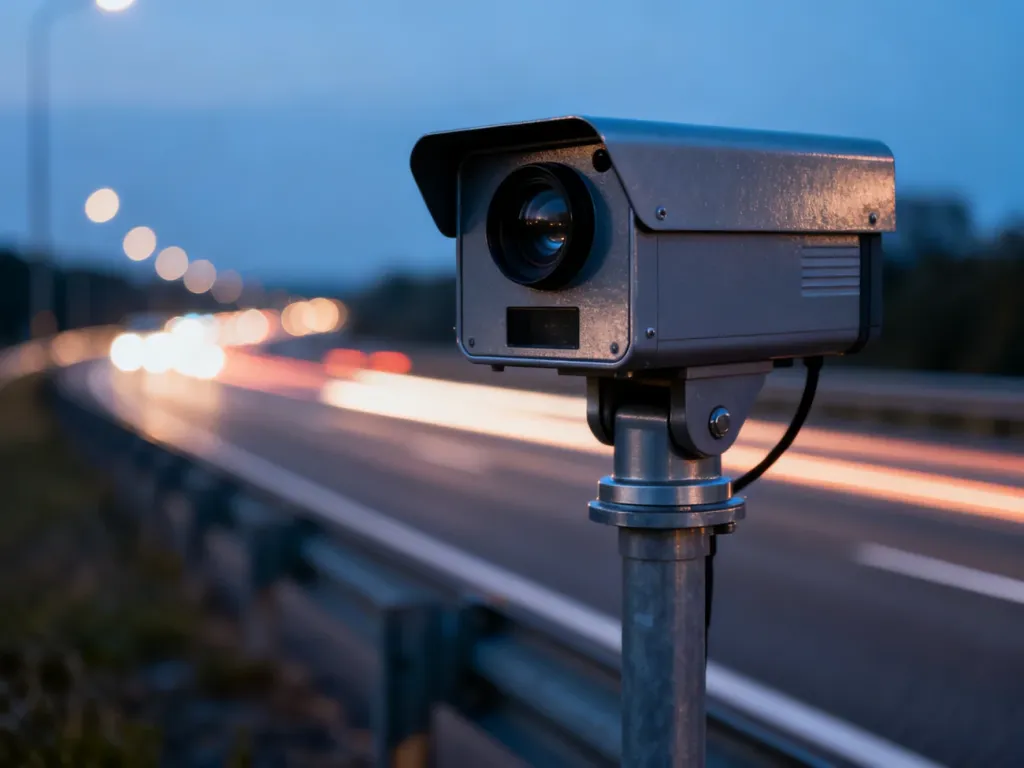 Nowoczesny fotoradar przy drodze o zmroku, monitorujący prędkość przejeżdżających samochodów.
