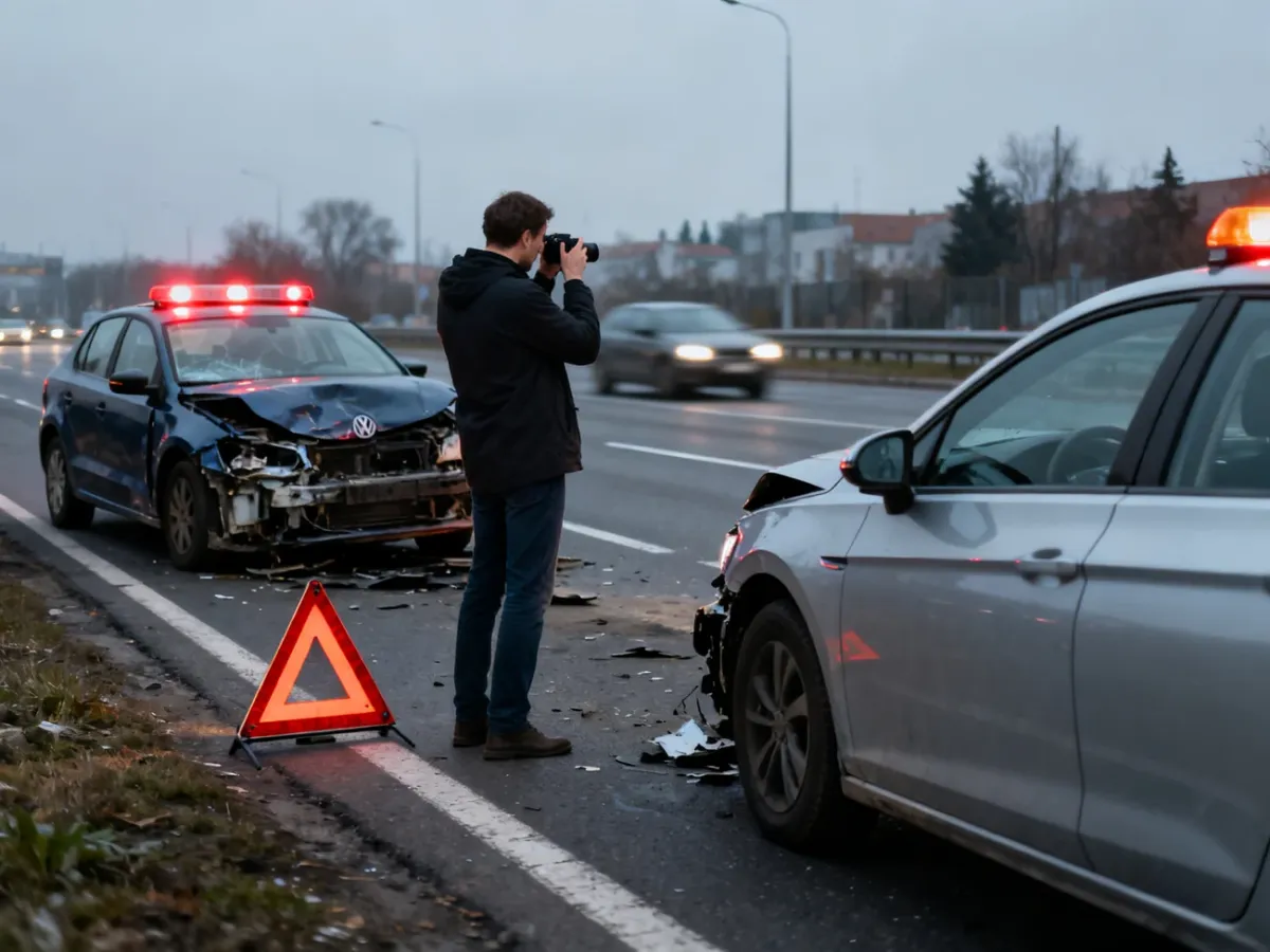 Kierowca dokumentujący miejsce kolizji i uszkodzenia pojazdów