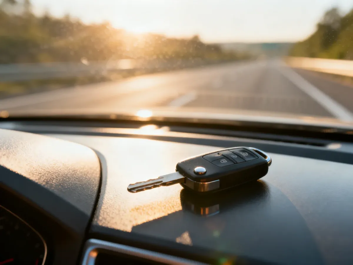 Kluczyki do samochodu leżące na desce rozdzielczej na tle słonecznej autostrady, symbolizujące gotowość do bezpiecznej podróży.