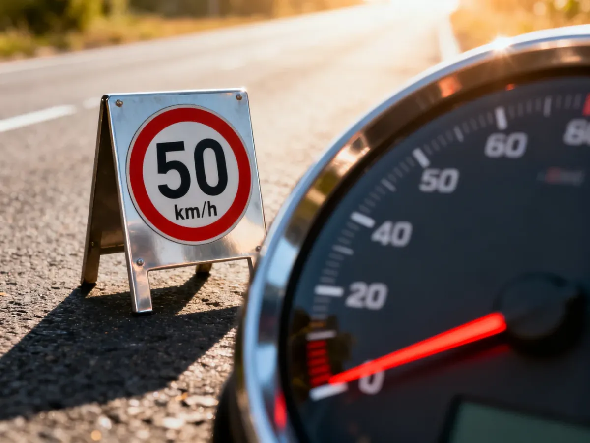 Znak ograniczenia prędkości do 50 km/h oraz zbliżenie na licznik samochodu wskazujący przekroczenie dozwolonej prędkości.