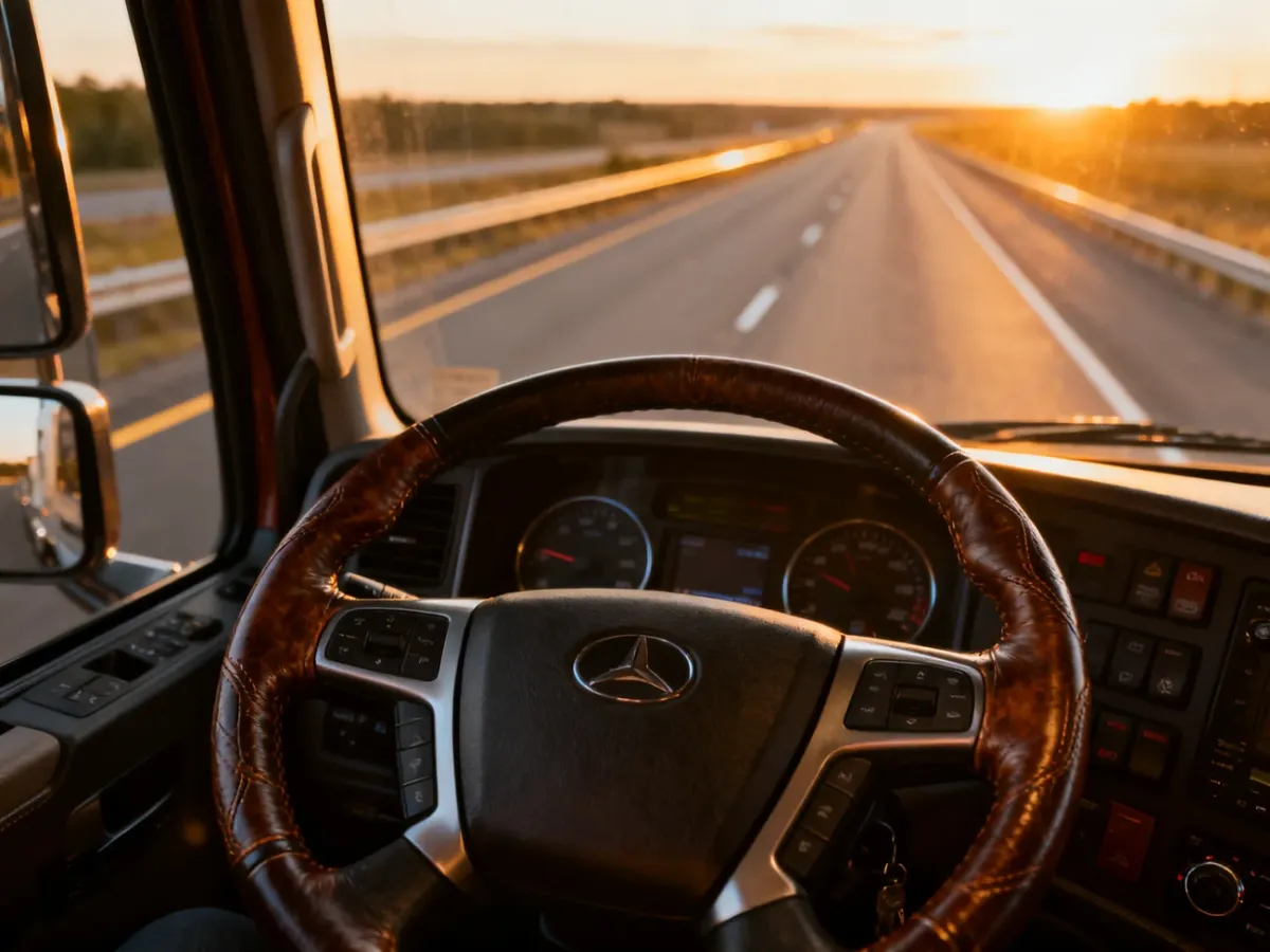 Kierownica ciężarówki widziana z perspektywy kierowcy na tle autostrady o zachodzie słońca.
