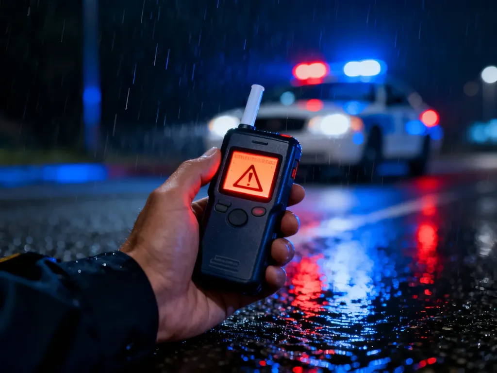 Policyjny alkomat w dłoni funkcjonariusza podczas nocnej kontroli drogowej w deszczu. W tle widać rozmyte światła radiowozu.