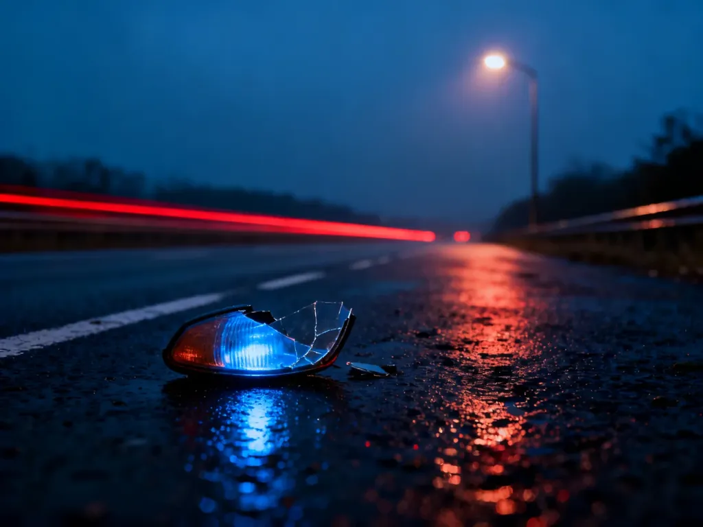 Rozbity reflektor na mokrej drodze o zmroku, symbolizujący tragiczne skutki wypadku drogowego.