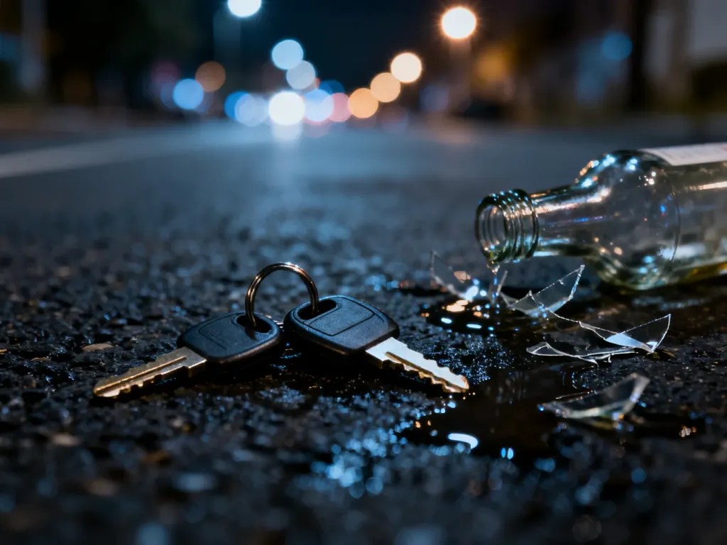 Kluczyki samochodowe leżące na mokrym asfalcie obok rozbitej butelki, symbolizujące niebezpieczeństwo jazdy pod wpływem alkoholu.
